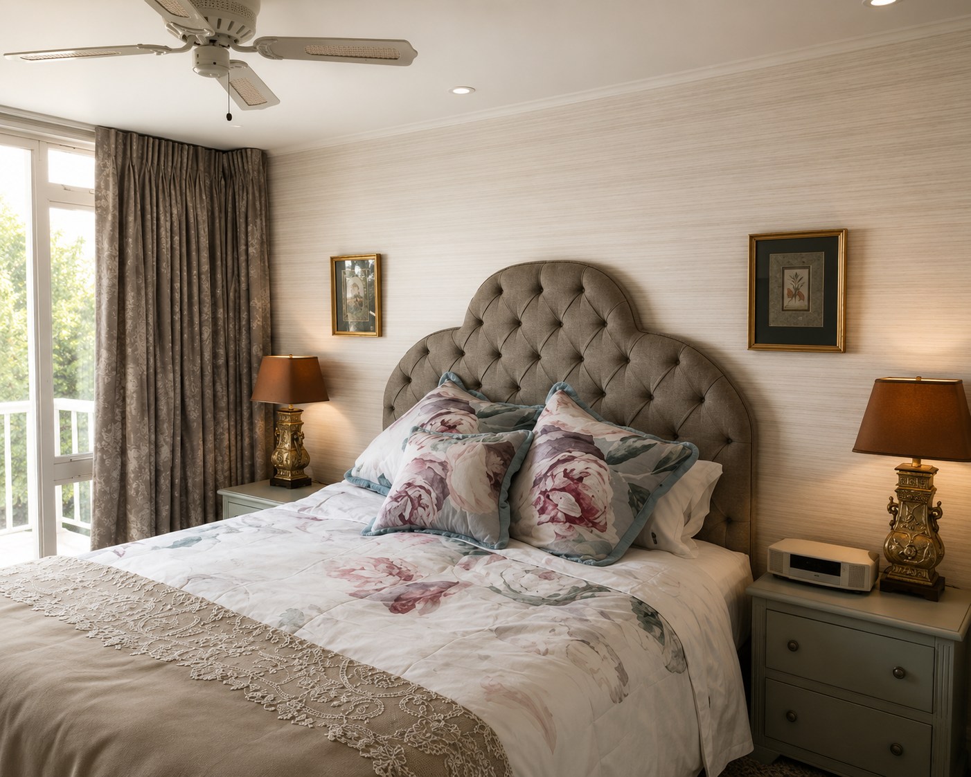 Bedroom with hand-painted gold-leaf cherry blossom wallpaper