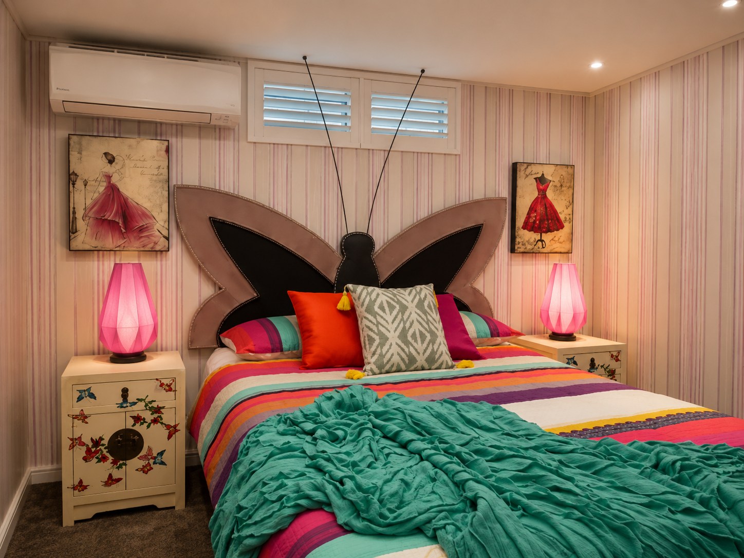 Playful children's bedroom with a butterfly headboard and bright striped bedding