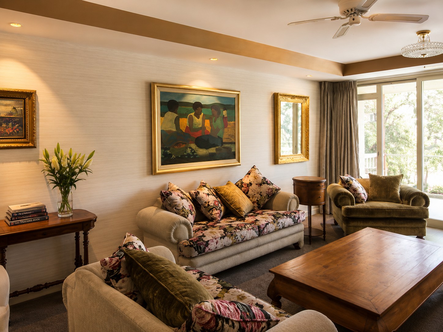 A villa living room where original features sit alongside comfortable modern furnishings