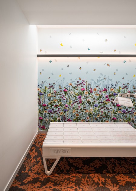 A light-therapy room at Flow with a hand-illustrated wildflower and butterfly wall