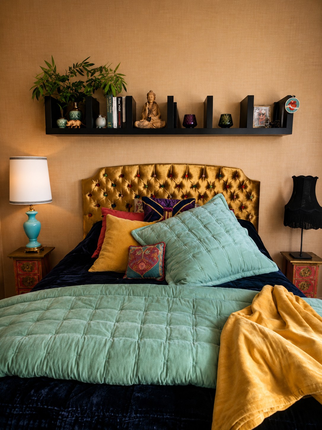 Eclectic bedroom with a gold tufted headboard, teal and mustard textiles