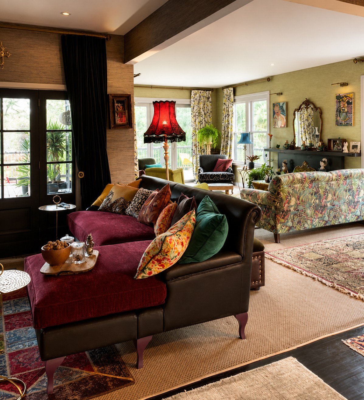 Layered maximalist living room in olive and plum with floral textiles