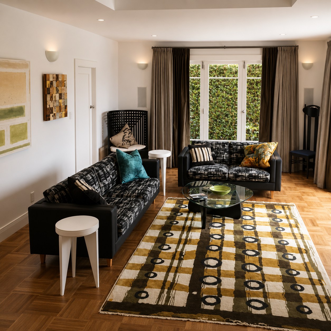Clean contemporary living room with bookshelves, cowhide rug and pop art