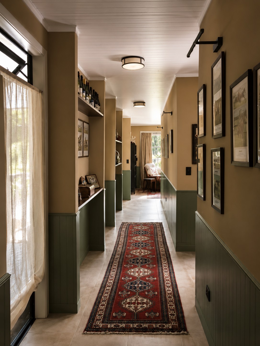 Heritage villa hallway with timber dado, a patterned runner and framed art