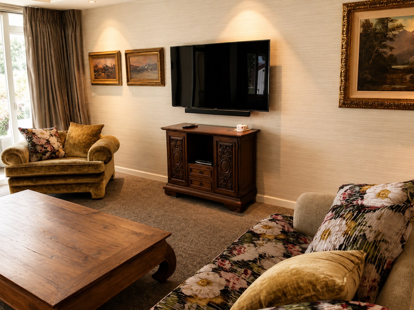Character villa sitting room with a floral sofa, velvet armchair and gold-framed art